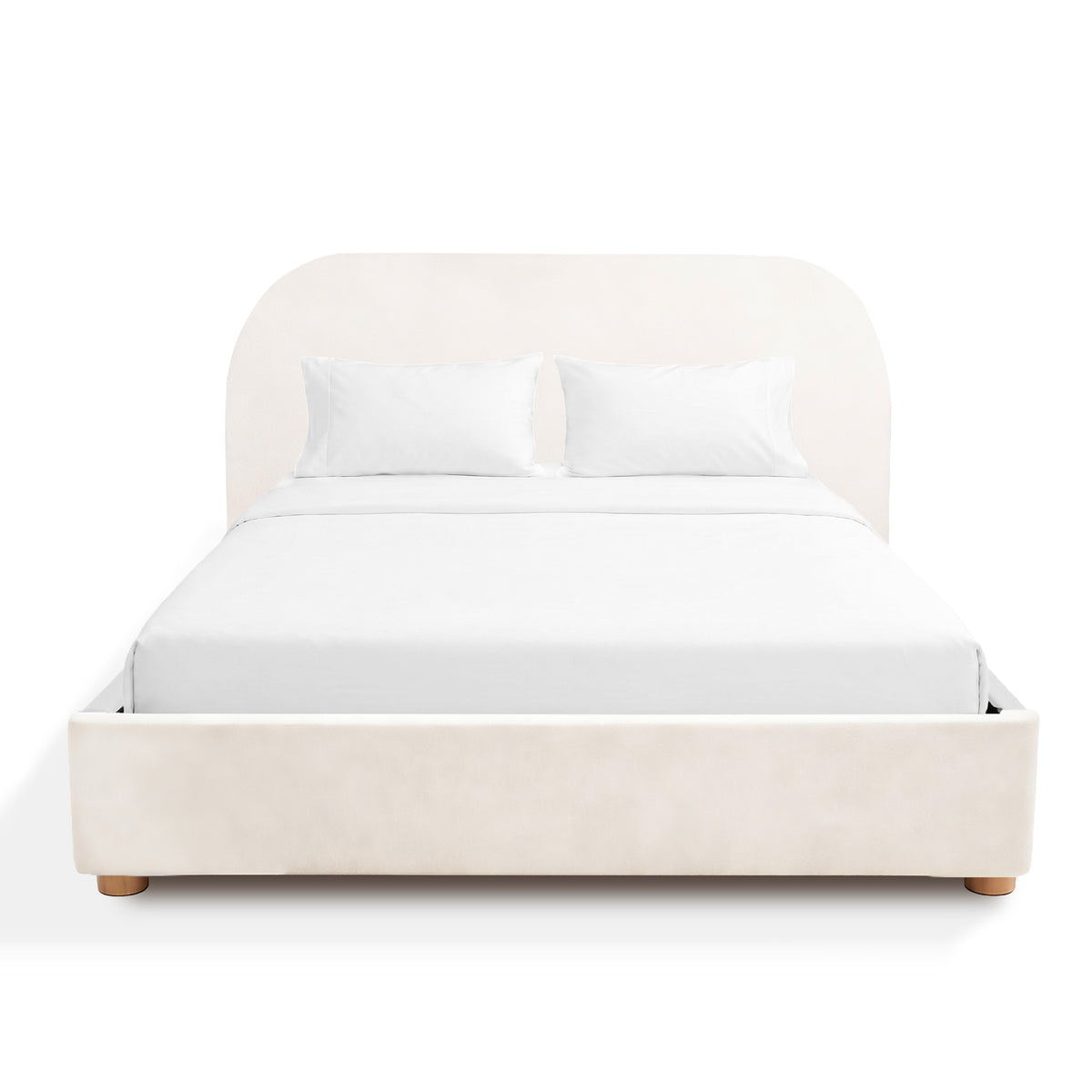 Beige upholstered bed with white bedding on a white background