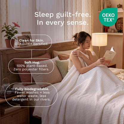 Woman reading a book in bed with text highlighting product features and OEKO-TEX certification of Sonno waffle blanket