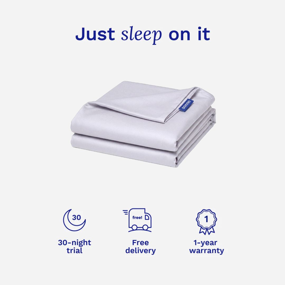Folded Tencel bed sheets with 'Just sleep on it' text and product benefits on a white background