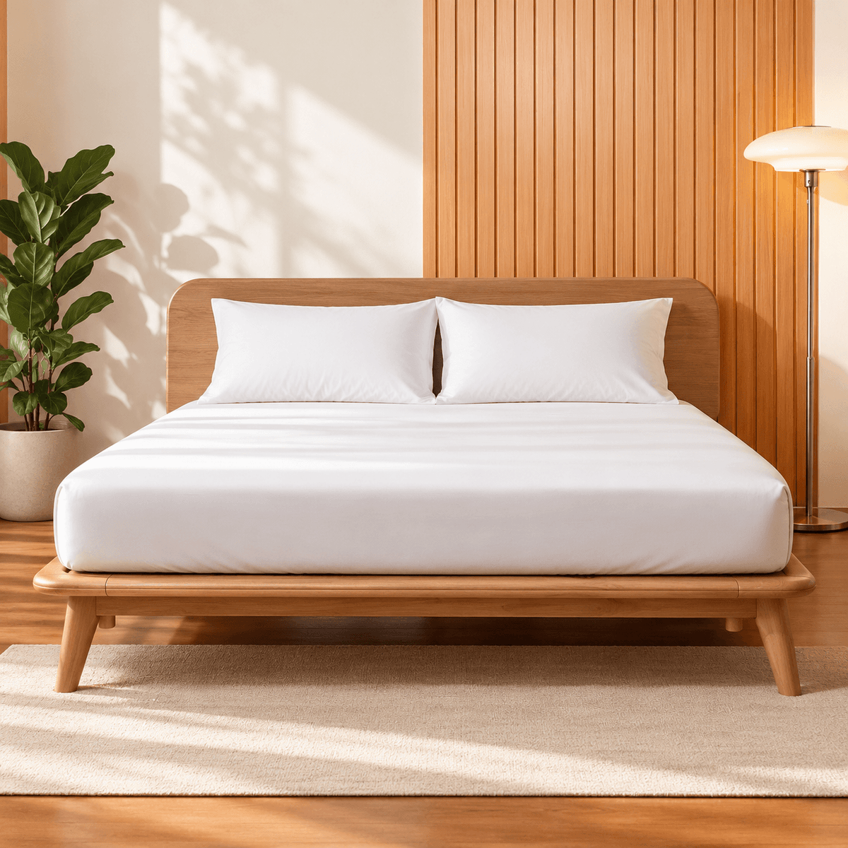 A minimalist Sonno Signature wooden platform king bed dressed in crisp white bedding and two white pillows, set against a warm wood-paneled wall with a floor lamp and potted plant in a softly lit room.