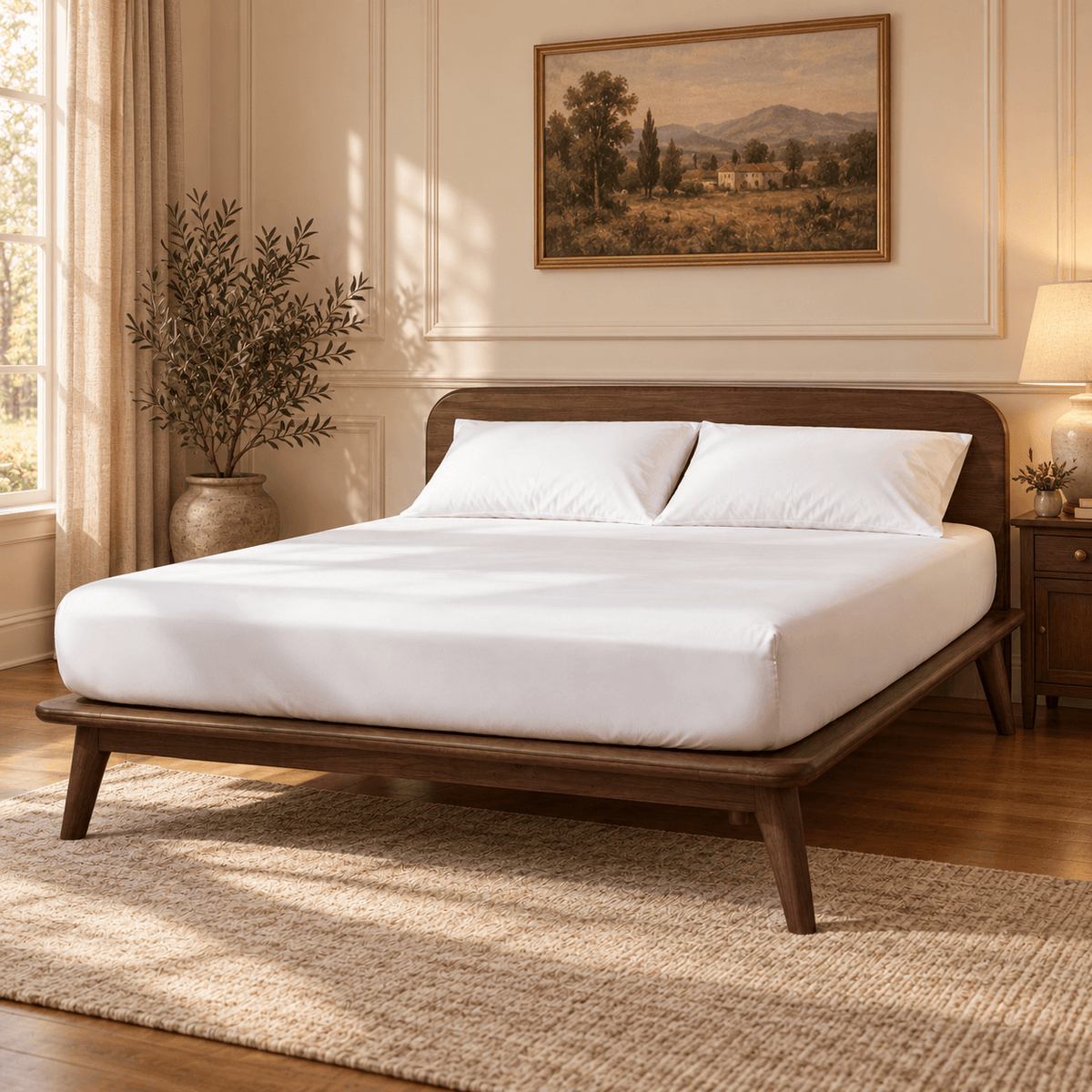 A modern low Sonno Signature wooden bed frame with a white mattress and two white pillows, styled in a warm, sunlit bedroom with a woven rug, potted plant, and wall art.
