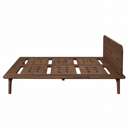 A dark brown walnut color Sonno Signature wooden bed frame with a slatted platform base and a matching tall headboard, shown from a three-quarter angle on a plain white background.