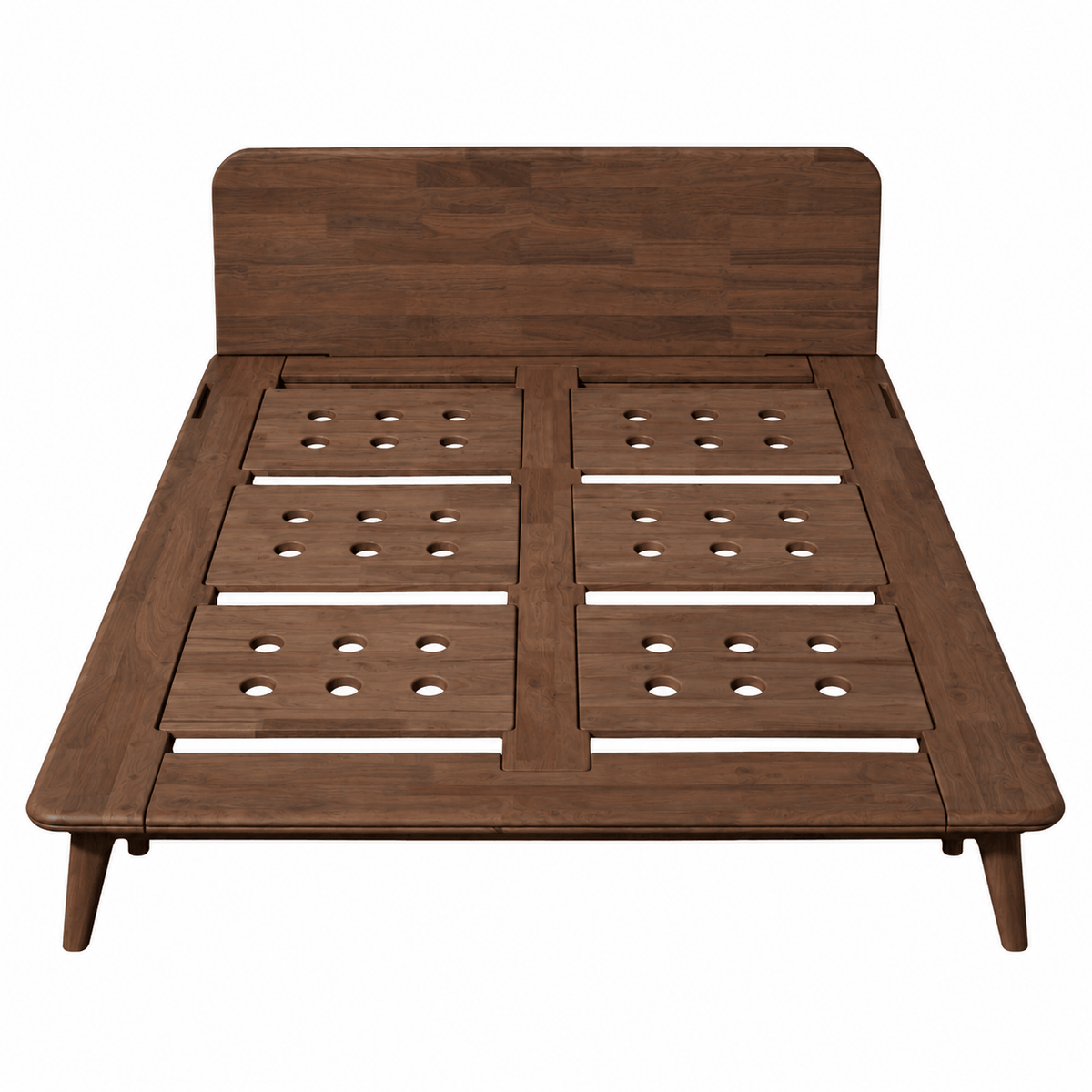 A modern wooden Sonno Signature bed frame with a dark brown finish, featuring a slatted headboard and footboard with circular cutouts, shown from a top-down perspective on a white background.