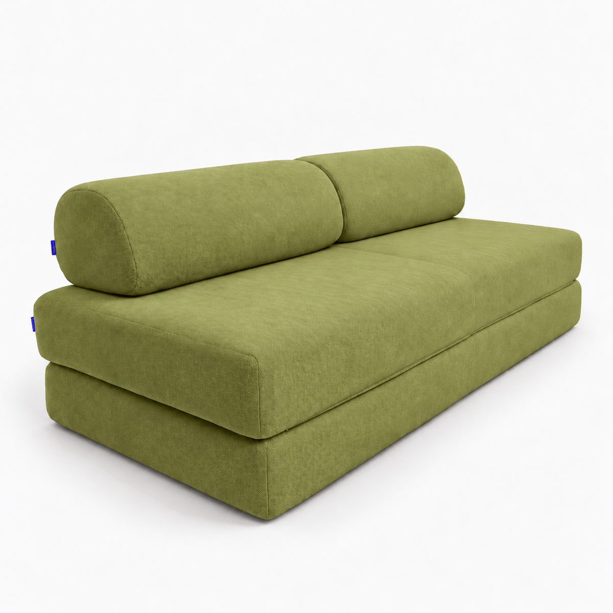 An Sonno Sofa bed olive green fabric sofa bed with a cylindrical bolster pillow, shown from a three-quarters angle on a white background.