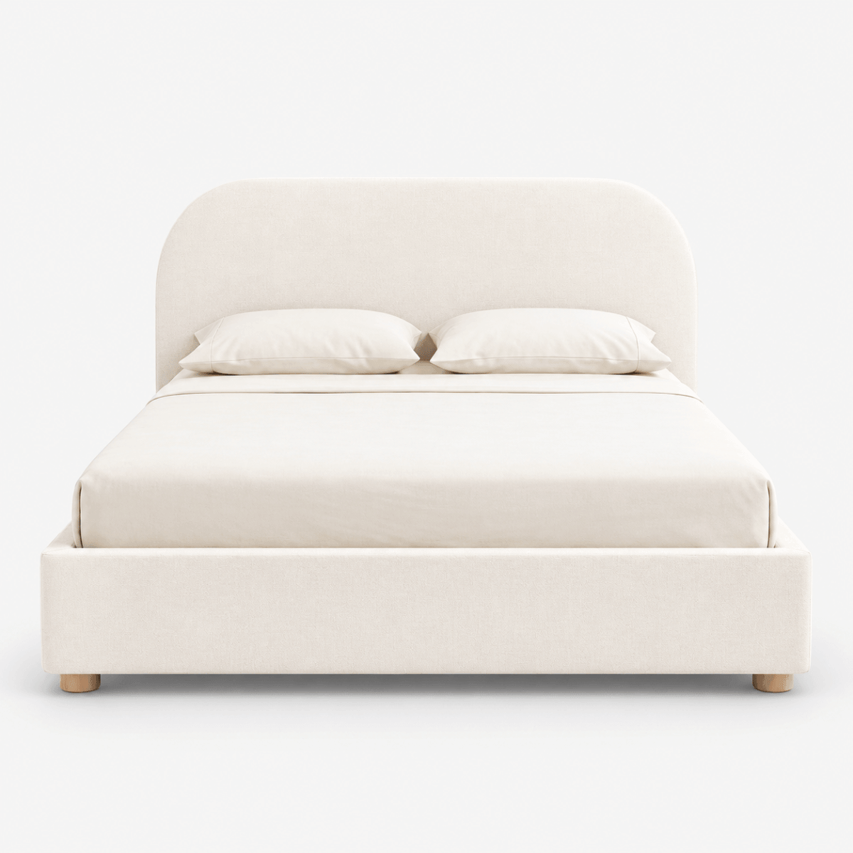 A front view on a white background of the Sonno divan Sunset Bed Frame with a curved headboard. 
