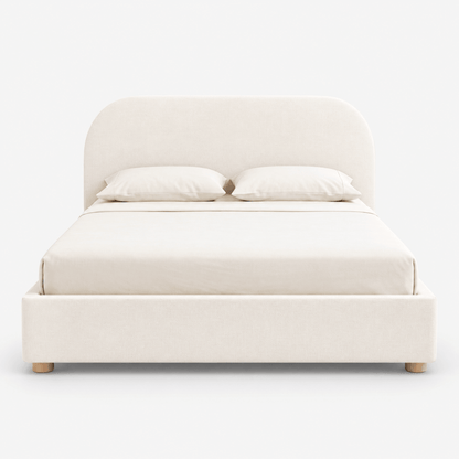 A front view on a white background of the Sonno divan Sunset Bed Frame with a curved headboard. 