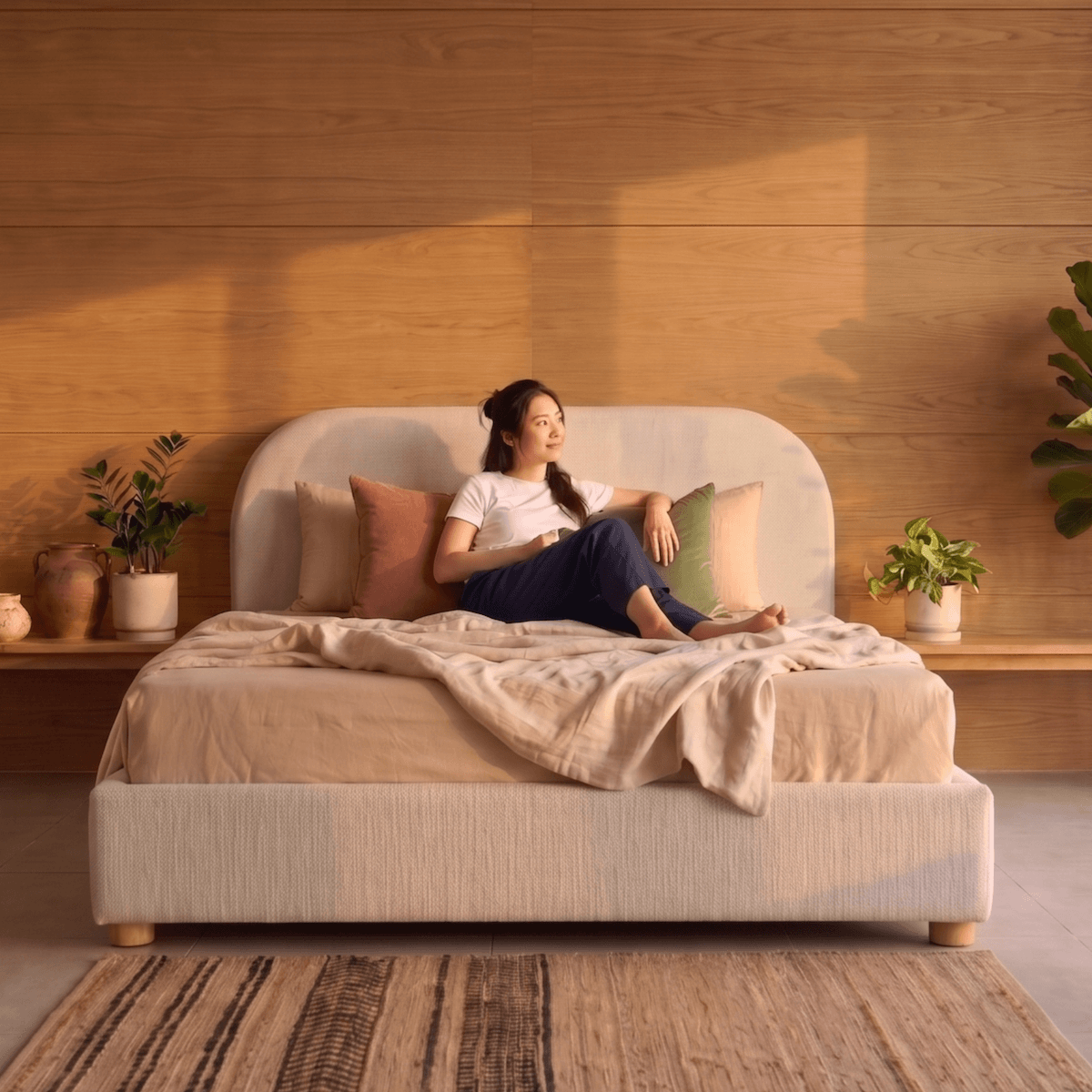 Woman sitting on a Sonno Sunset divan bed frame in a cozy bedroom with wooden walls and plants.
