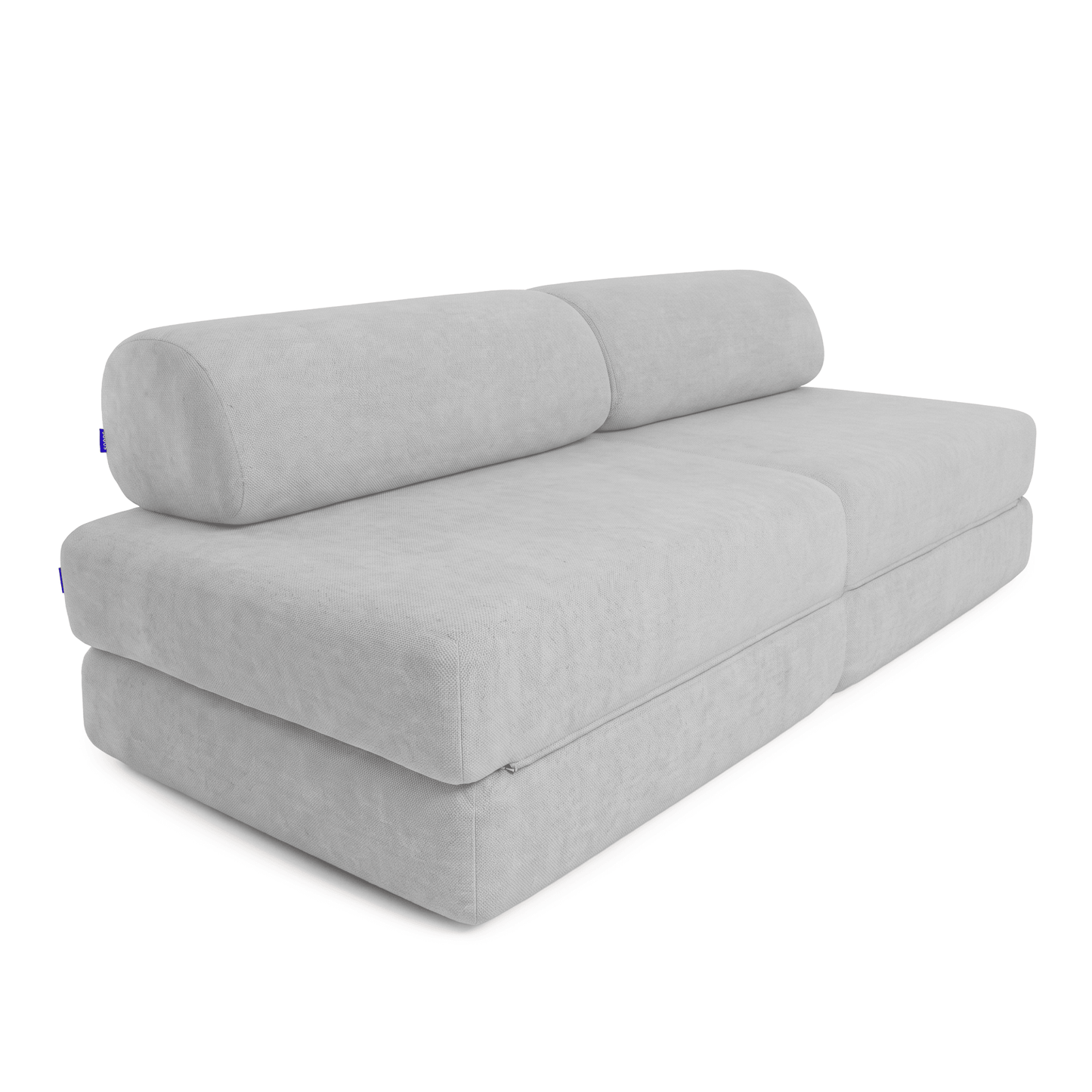 A light gray fabric modular sofa bed with a low backrest and thick cushioned seat, shown on a plain white background.