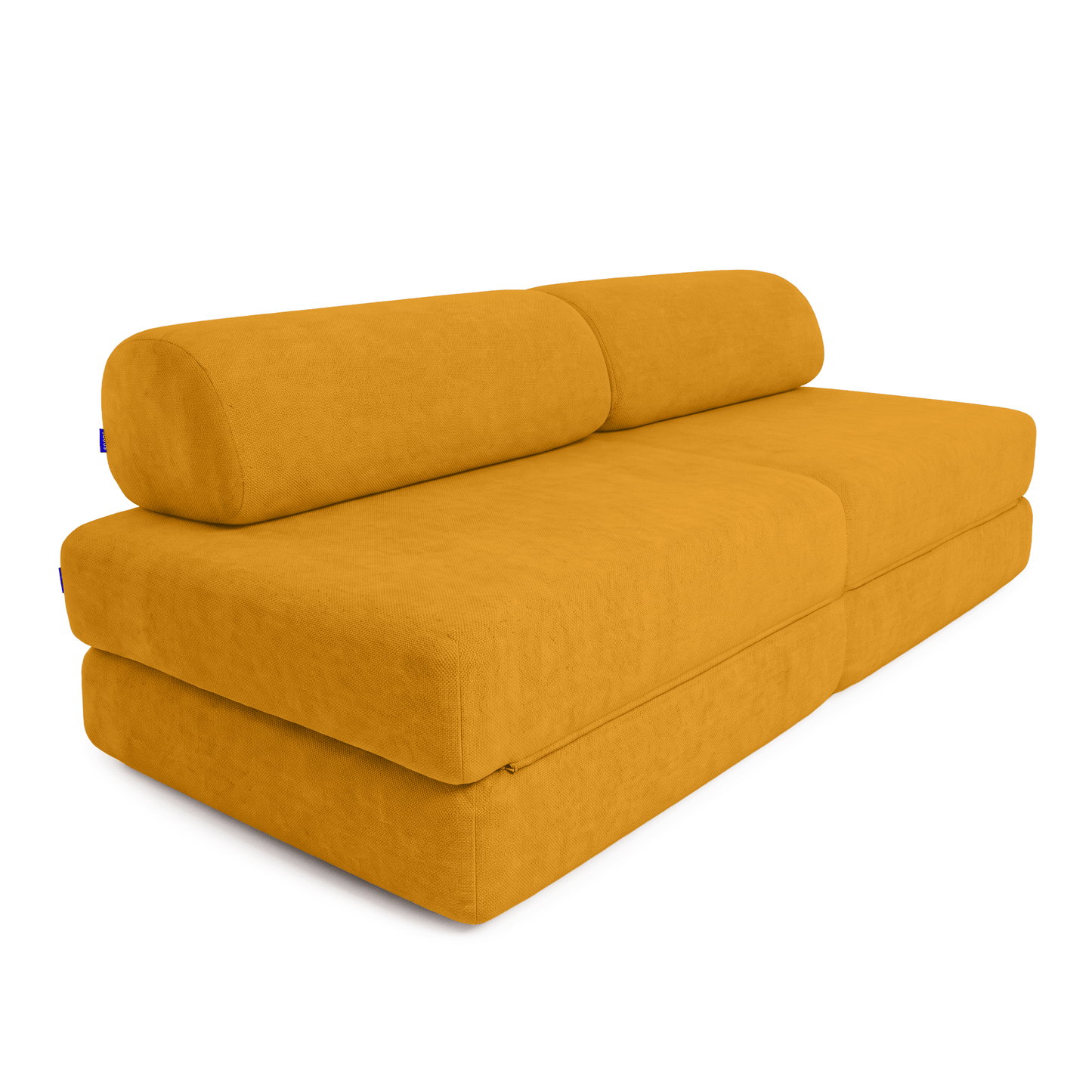 A mustard yellow fabric chaise lounge sofa with a cylindrical lumbar pillow, shown from a three-quarters angle on a white background.