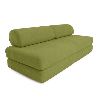 An olive green fabric sofa bed with a cylindrical bolster pillow, shown from a three-quarters angle on a white background.