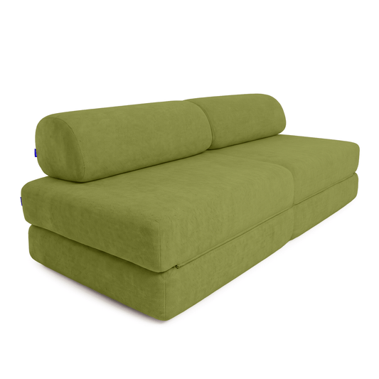 An Sonno Sofa bed olive green fabric sofa bed with a cylindrical bolster pillow, shown from a three-quarters angle on a white background.