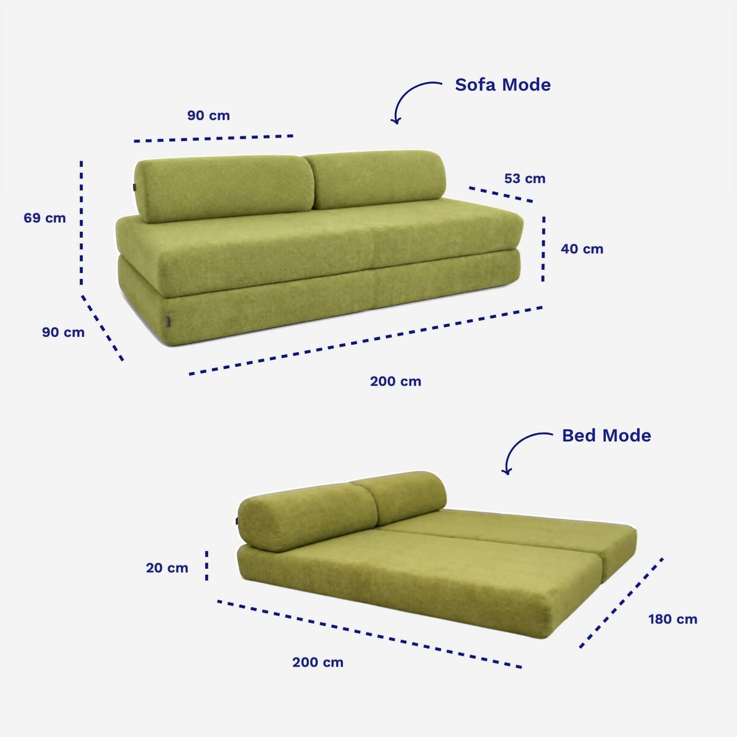 A green upholstered sofa bed shown in two modes with dimension labels: sofa mode and bed mode. The image includes measurements in centimeters, dashed outline guides, and arrows indicating the convertible layout on a light gray background.