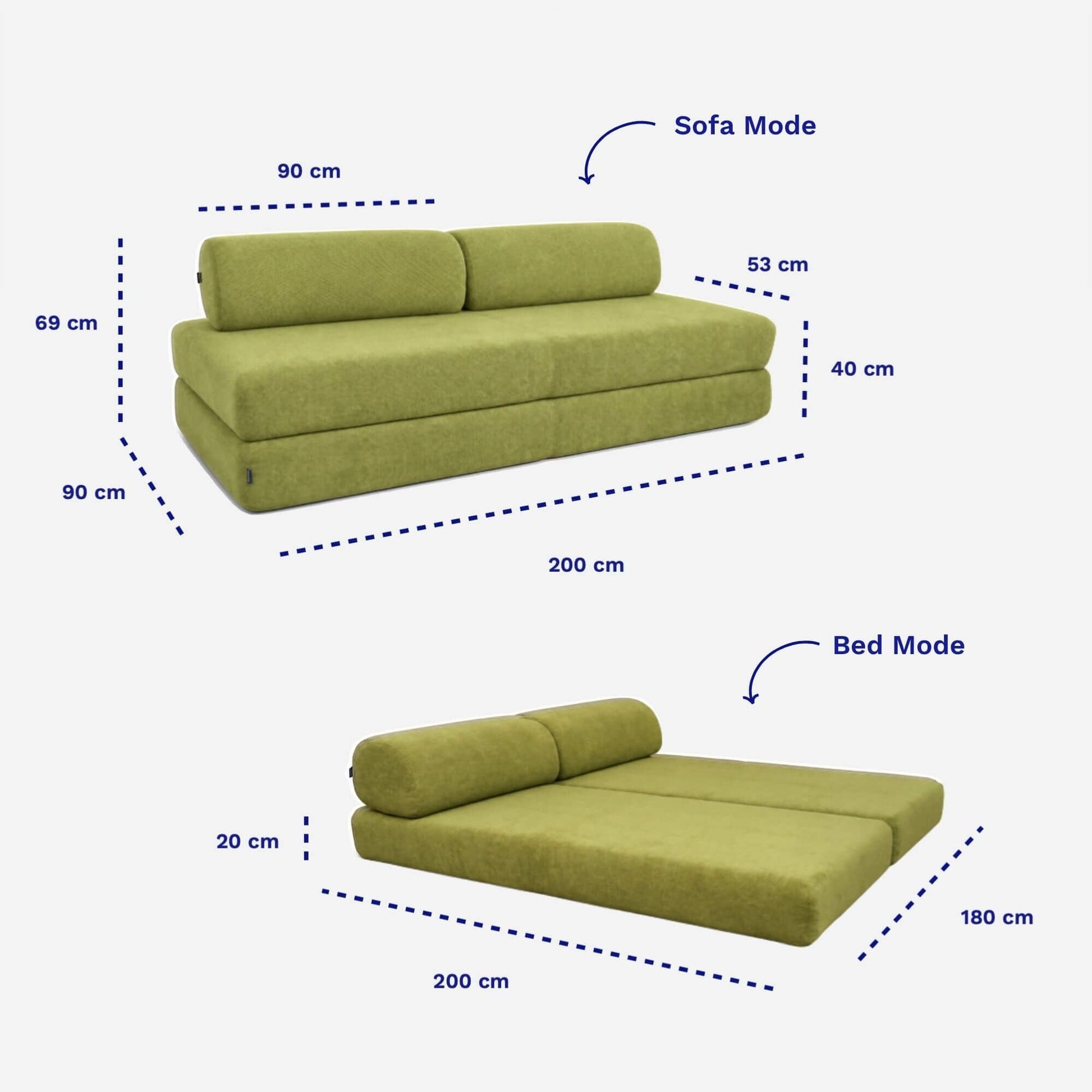 A green upholstered sofa bed shown in two modes with dimension labels: sofa mode and bed mode. The image includes measurements in centimeters, dashed outline guides, and arrows indicating the convertible layout on a light gray background.