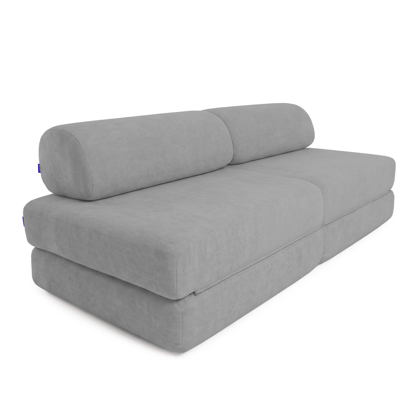 A modern light gray fabric sofa bed with a low-profile rectangular base, thick seat cushions, and two matching cylindrical back cushions, shown on a plain white background.
