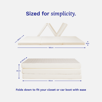 Measurement chart of a folded mattress with dimensions labeled on a white background.