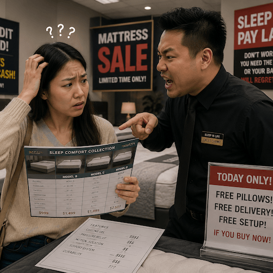 Person holding a mattress comparison chart in a mattress store with销售人员解释产品