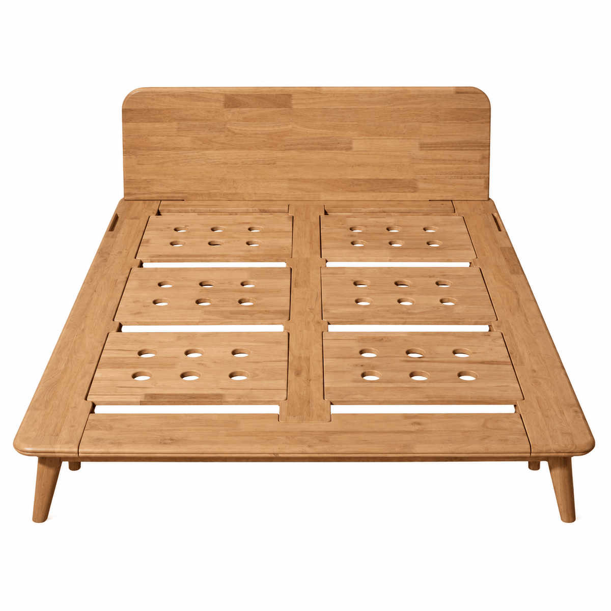 A light natural wood Sonno Signature platform bed frame with a slatted headboard and legs, shown from a top-down angle on a white background.