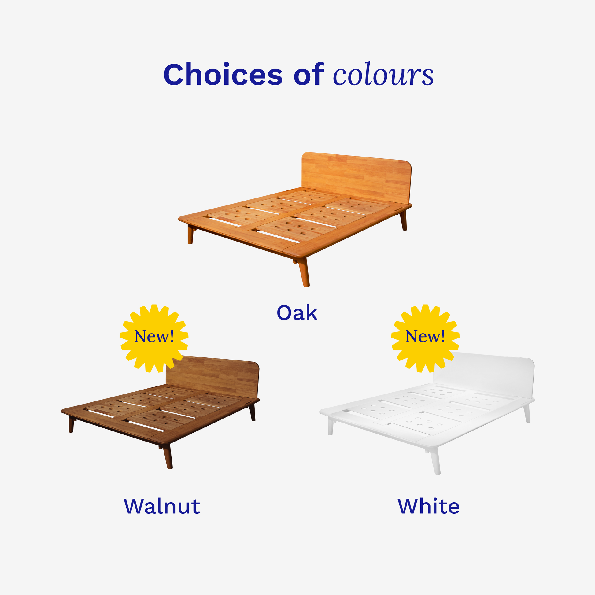 Bed frames in oak and walnut with 'New!' labels, on a white background.