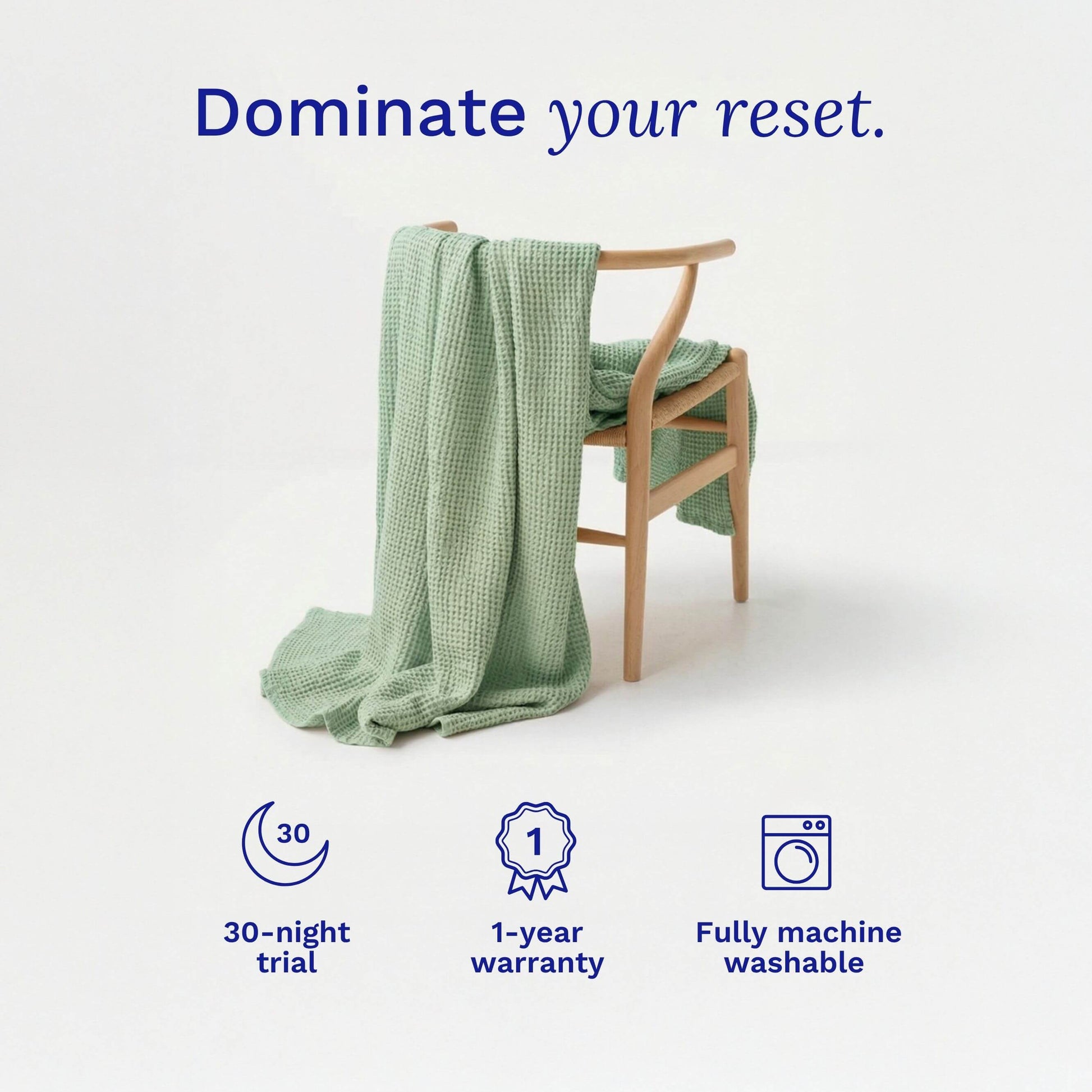 Green Sonno waffle bamboo blanket draped over a wooden chair with product features displayed on a white background