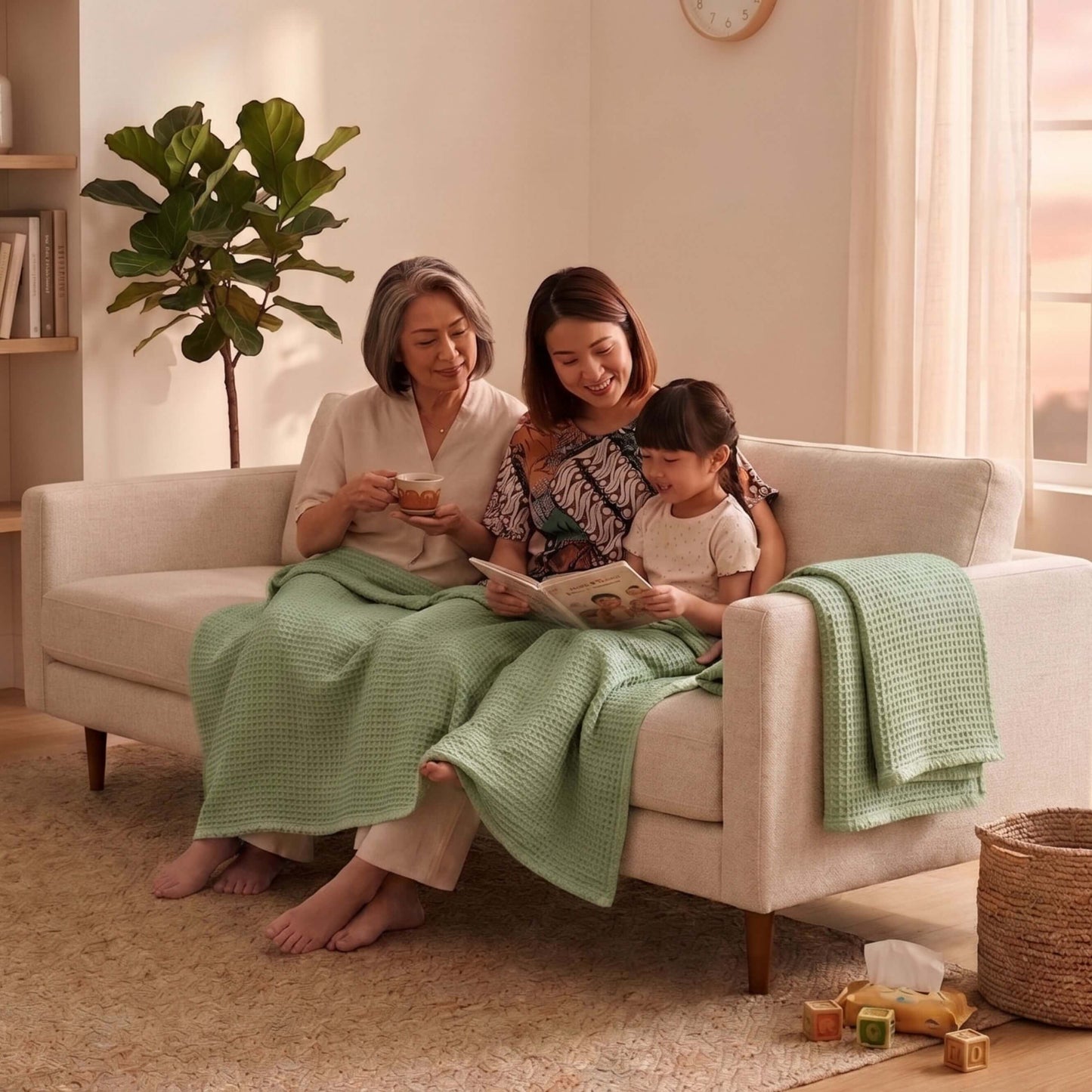 Three people sitting on a couch with a green Sonno waffle bamboo blanket, reading a book together in a cozy living room.