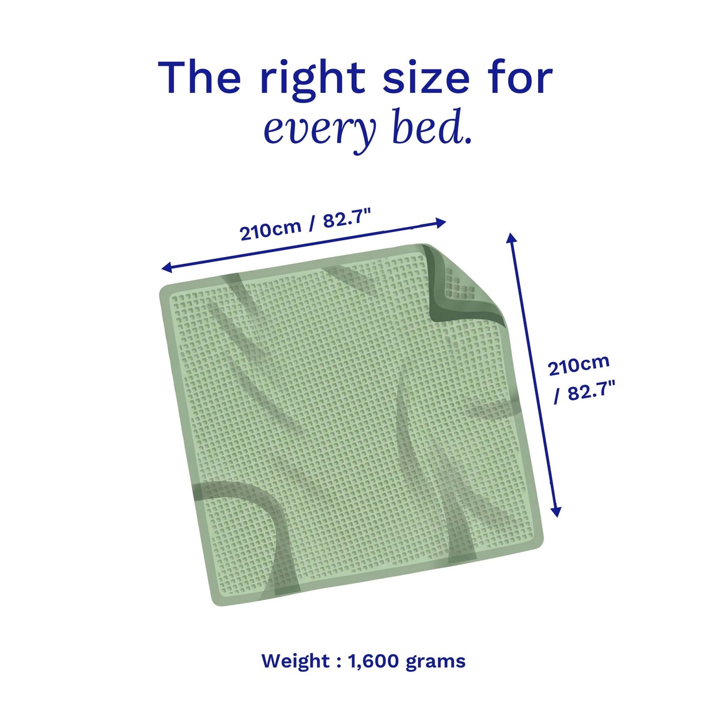 Green Sonno waffle blanket bamboo  with measurements and weight information on a white background