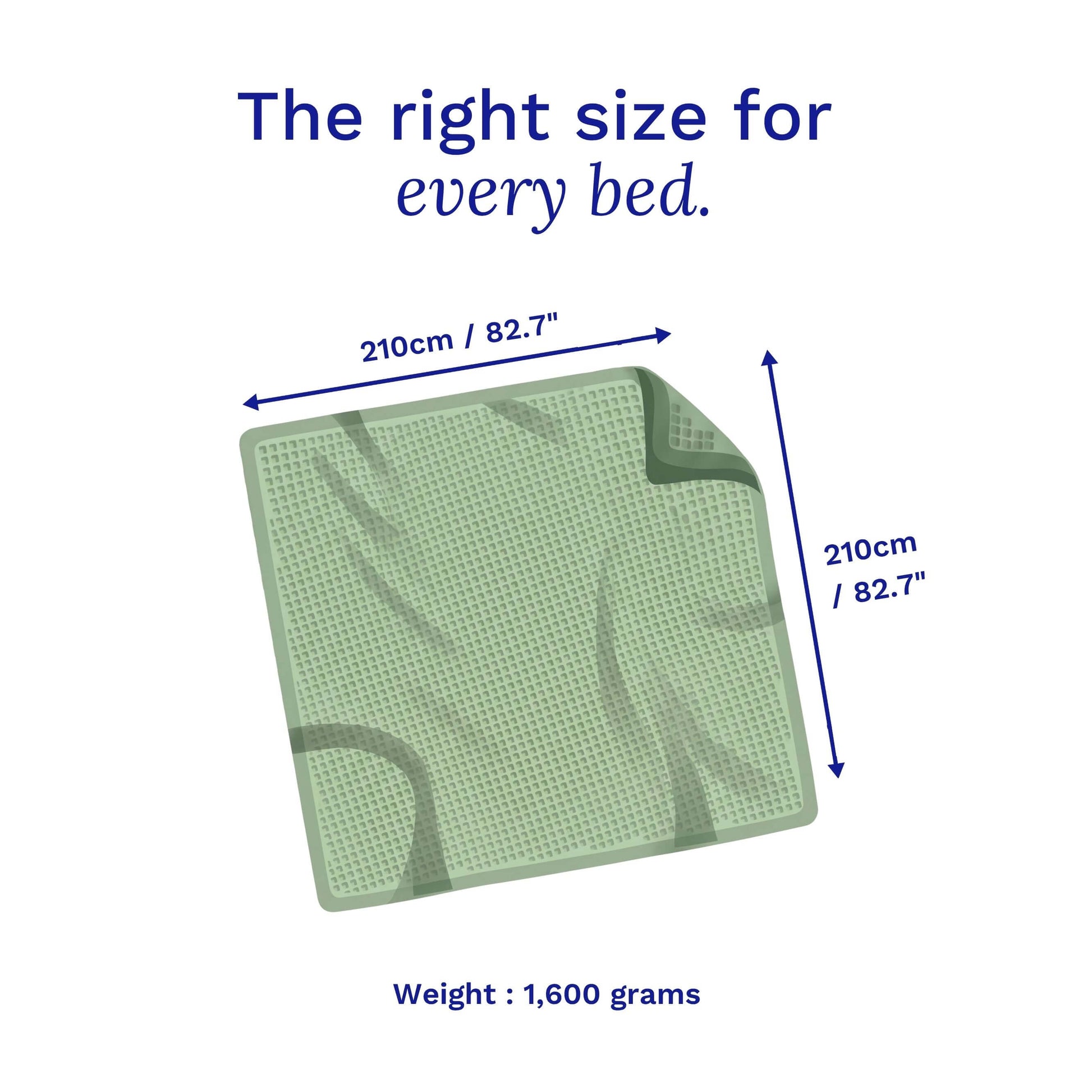 Green Sonno waffle blanket bamboo  with measurements and weight information on a white background