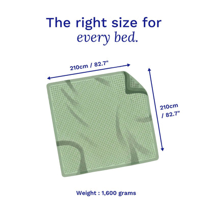 Green Sonno waffle blanket bamboo  with measurements and weight information on a white background