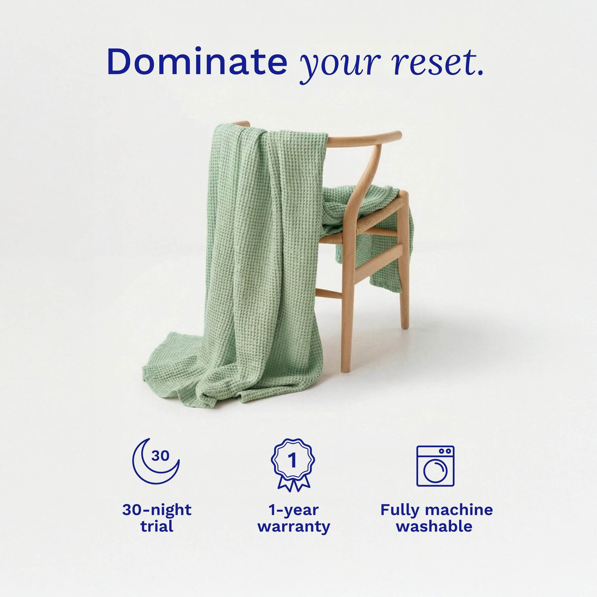Green Sonno waffle bamboo blanket draped over a wooden chair with product features displayed on a white background