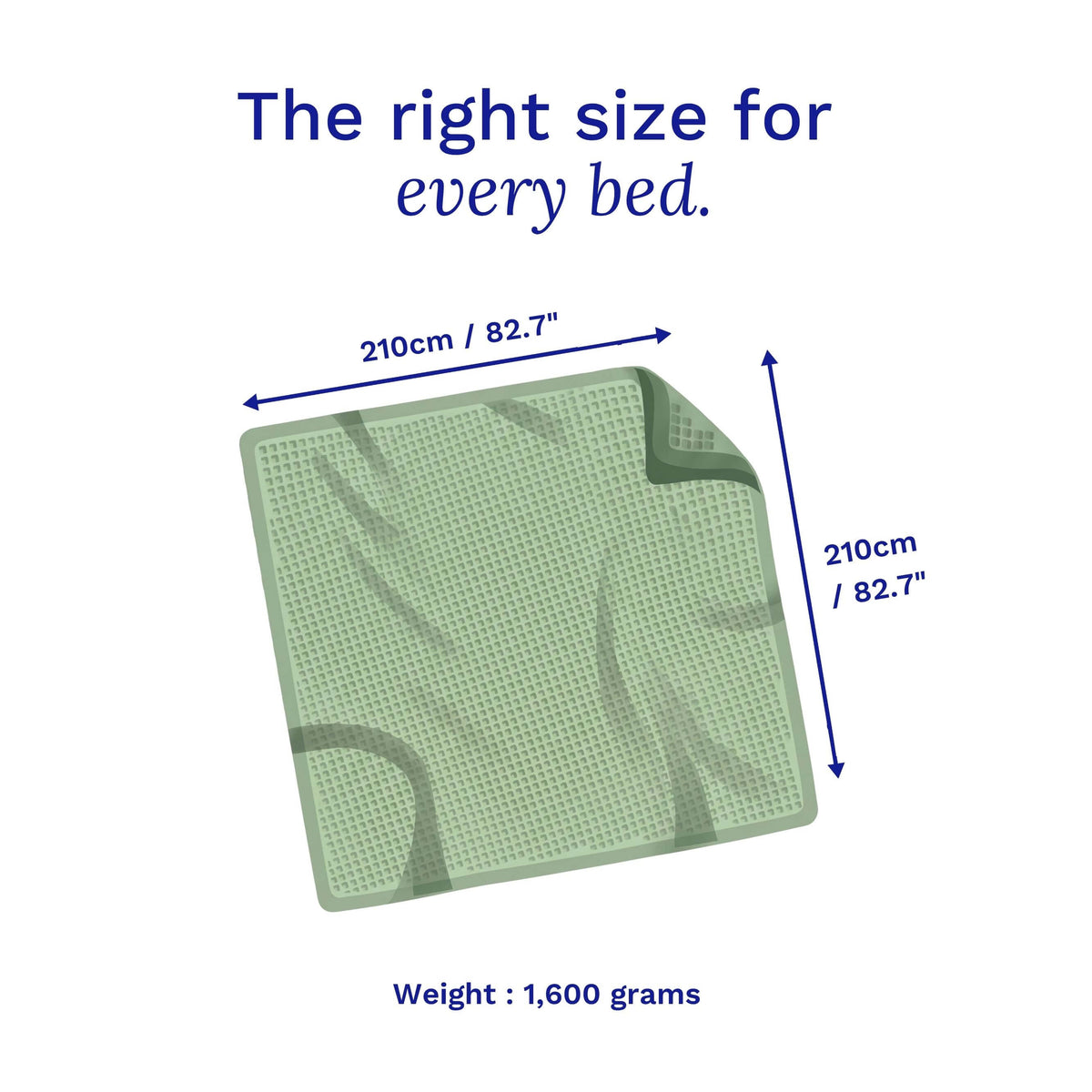 Green Sonno waffle blanket bamboo  with measurements and weight information on a white background