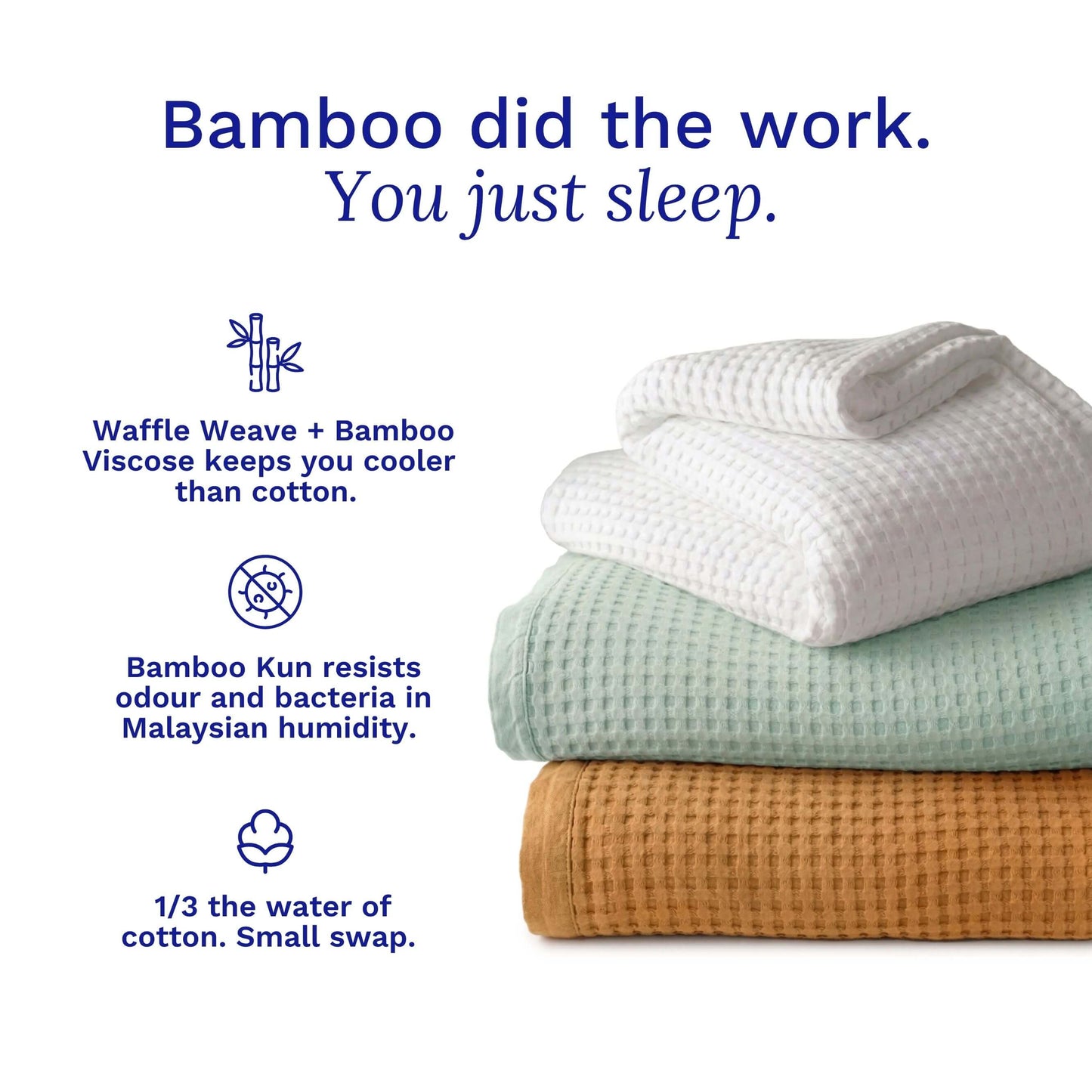 Stack of Sonno waffle weave bamboo blankets with text highlighting benefits on a white background