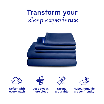 Stack of blue towels with text and icons on a white background