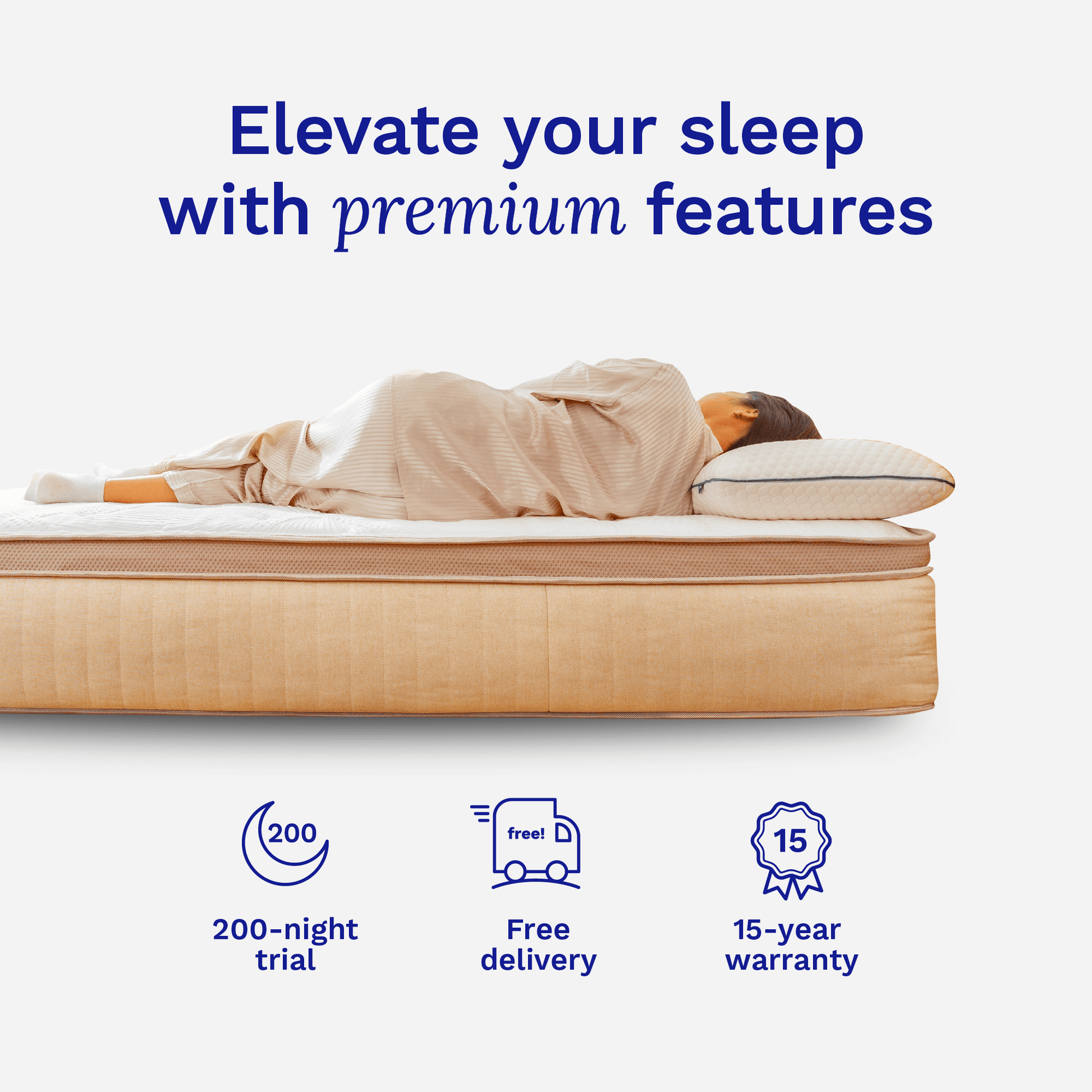 Person lying on a mattress with promotional text about premium features, including a 200-night trial, free delivery, and 15-year warranty.