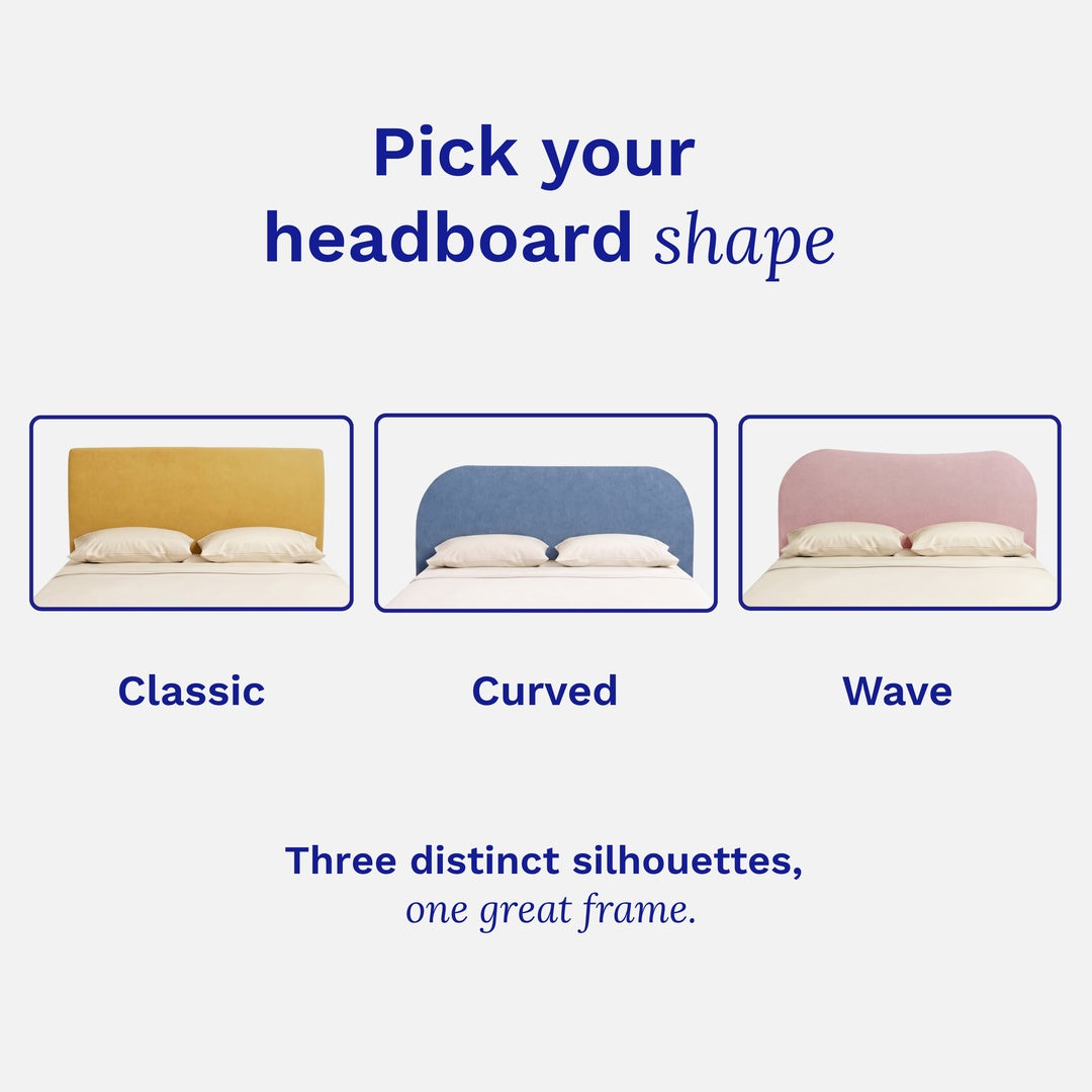 Three headboard shapes labeled 'Classic', 'Curved', and 'Wave' on a white background for the Sonno Sunset bed frame