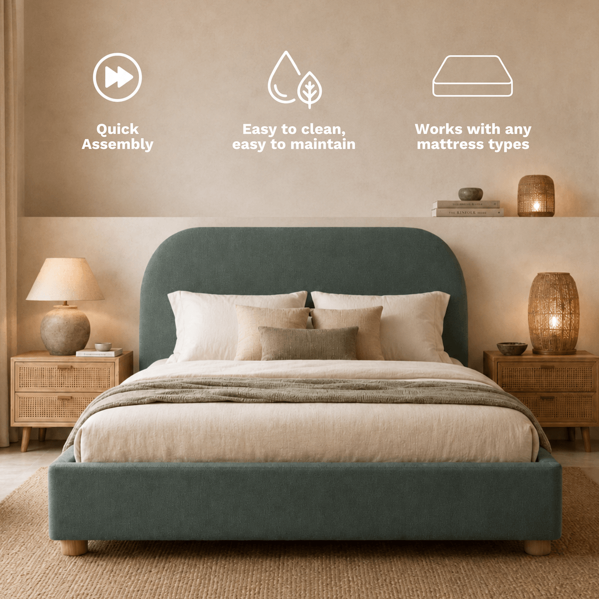 Green Sonno Divan sunset bed frame upholstered bed in a bedroom setting with nightstands and lamps.