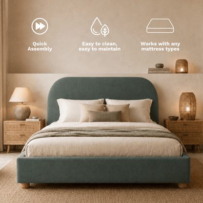 Green Sonno Divan sunset bed frame upholstered bed in a bedroom setting with nightstands and lamps.