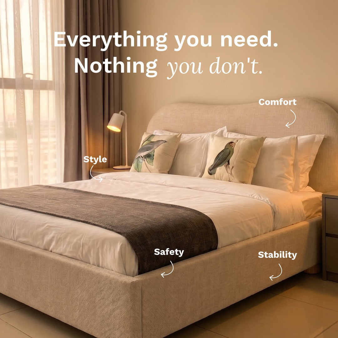 Sonno Singapore Sunset Divan Beige bed frame with decorative pillows in a bedroom setting, featuring text about comfort, style, safety, and stability.