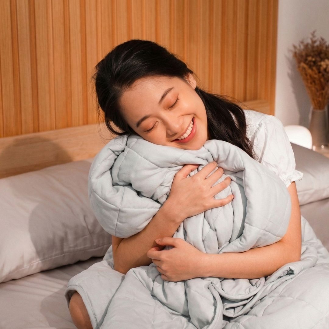 A woman wrapped in a weighted blanket in a cosy bedroom setting