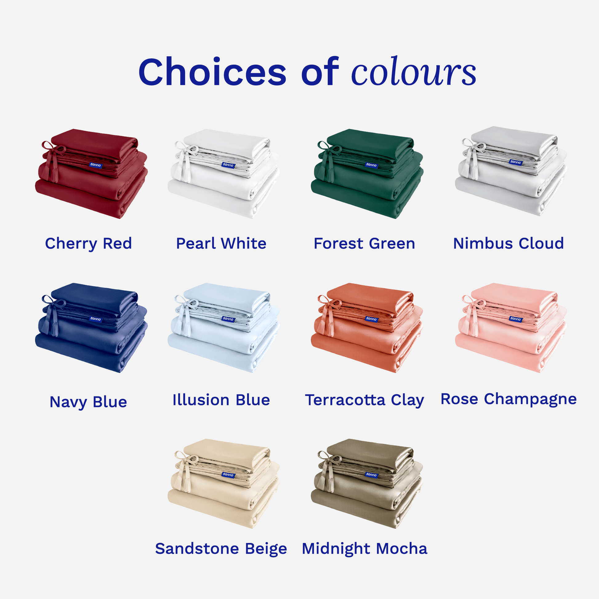 Various color options for a product displayed on a white background