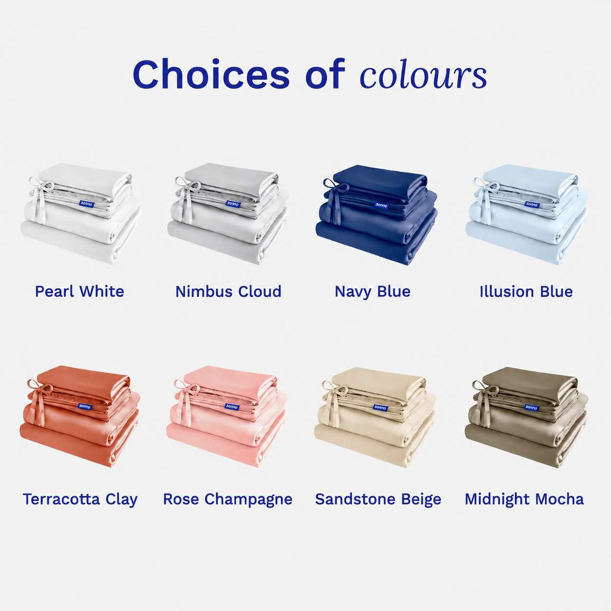 A color options chart titled 'Choices of colours' showing eight folded bedding sets in different shades, labeled Pearl White, Nimbus Cloud, Navy Blue, Illusion Blue, Terracotta Clay, Rose Champagne, Sandstone Beige, and Midnight Mocha on a light gray background.