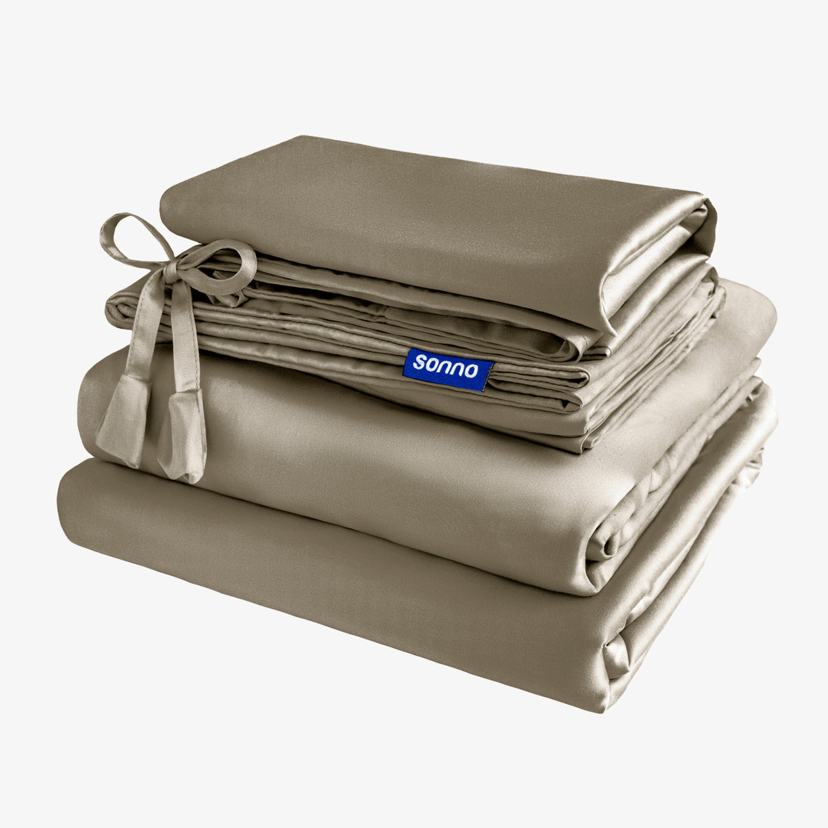 Folded beige bed sheets with a Sonno label on a white background