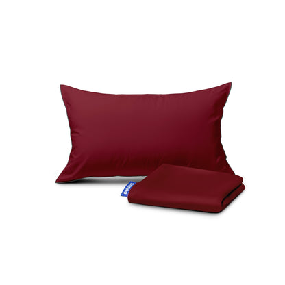 Red pillowcase and red blanket with a brand logo on a white background