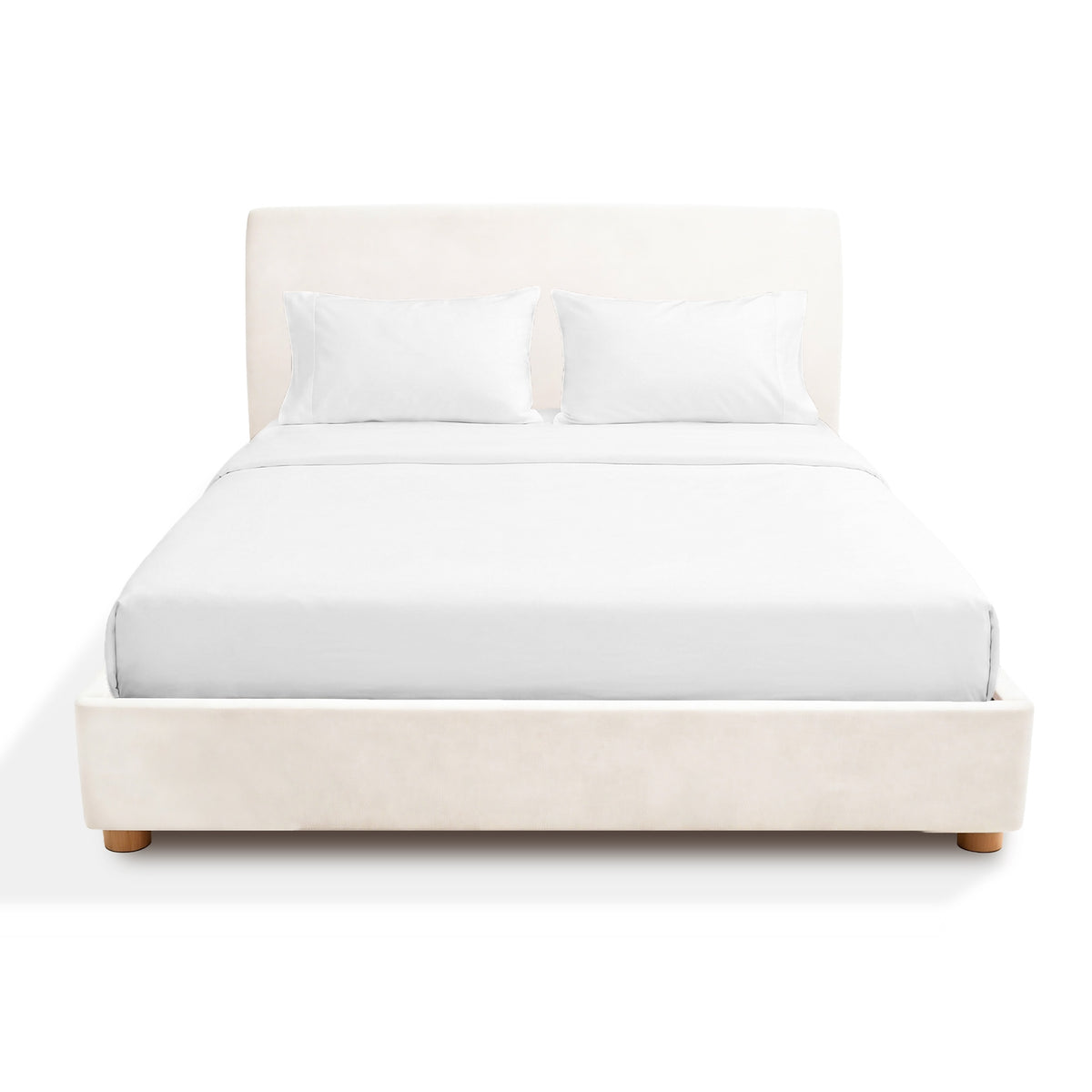 Beige Sonno Sunset Bed frame upholstered bed with white bedding on a white background