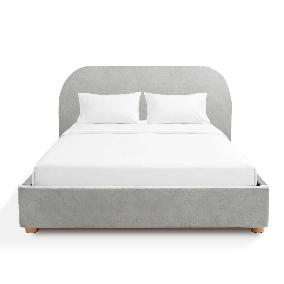 Sonno sunset divan gray upholstered bed with white bedding on a white background