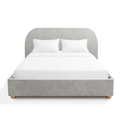 Sonno sunset divan gray upholstered bed with white bedding on a white background