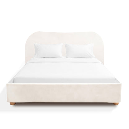 Sonno divan sunset bed frame beige upholstered bed with white bedding on a white background