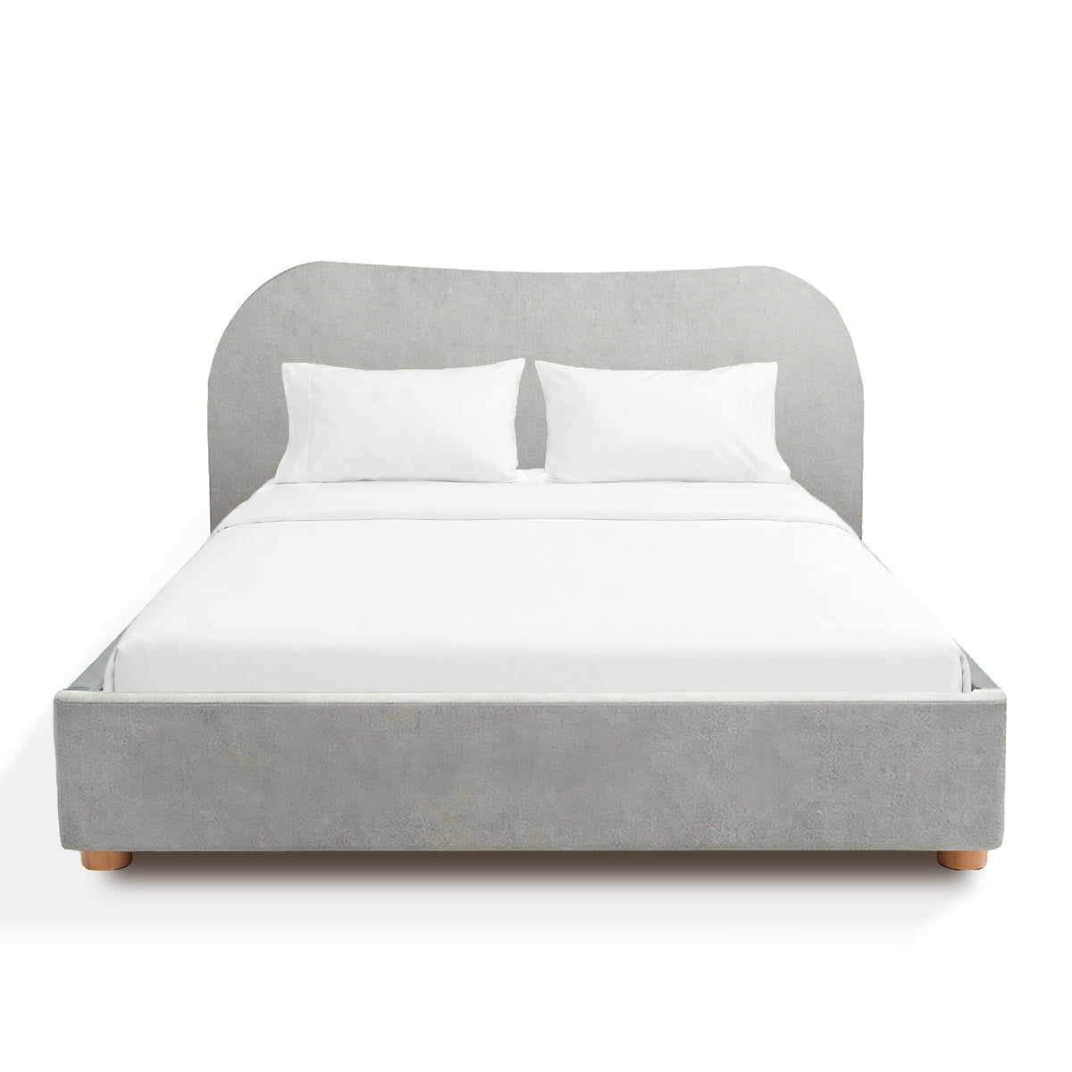 Sonno divan sunset bed frame gray upholstered bed with white bedding on a white background