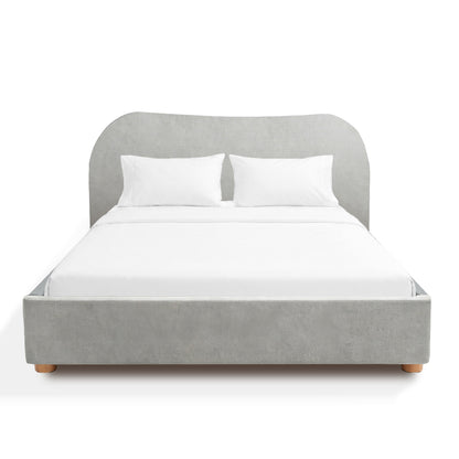 Sonno divan sunset bed frame gray upholstered bed with white bedding on a white background